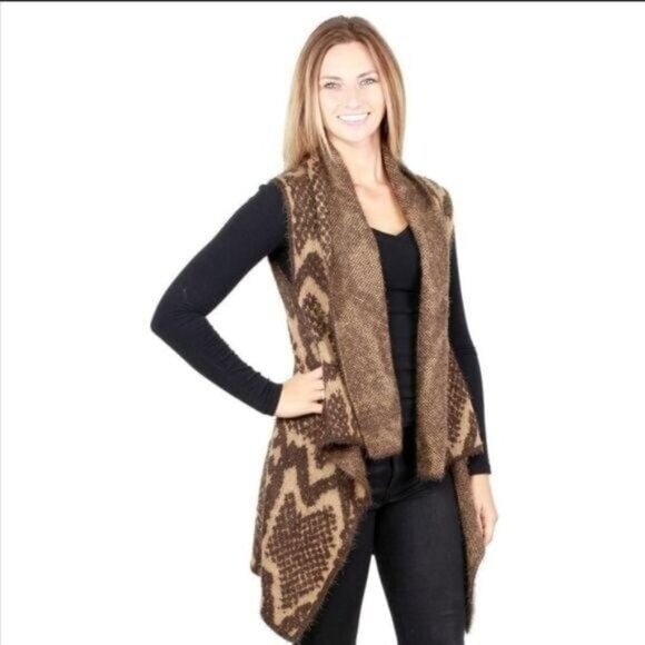 Brown Open Front Waterfall Knit Vest Cardigan Womens -ONE SIZE - Picture 2 of 5